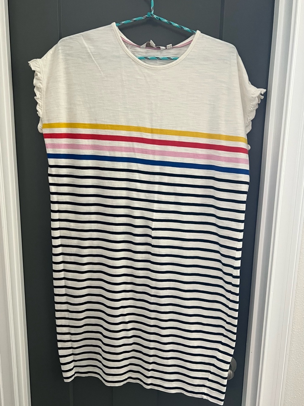 Boden White Tee with Turquoise, Black and Pink stripes size 6R